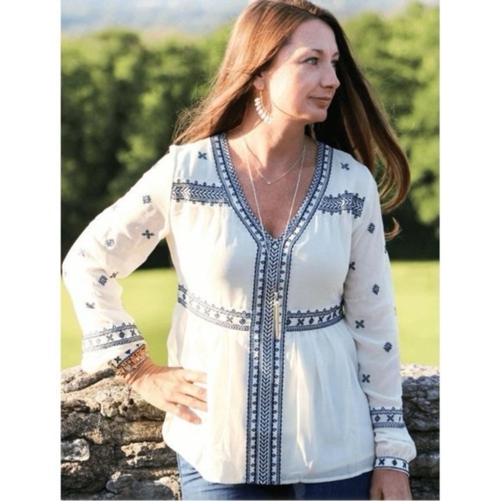 Stella & Dot Maette Lela Boho Peasant Embroidered Chiffon Blouse